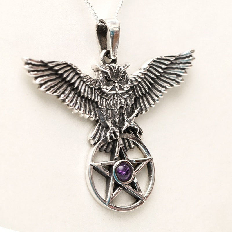 Owl And Pentagram With Amethyst Cabochon
