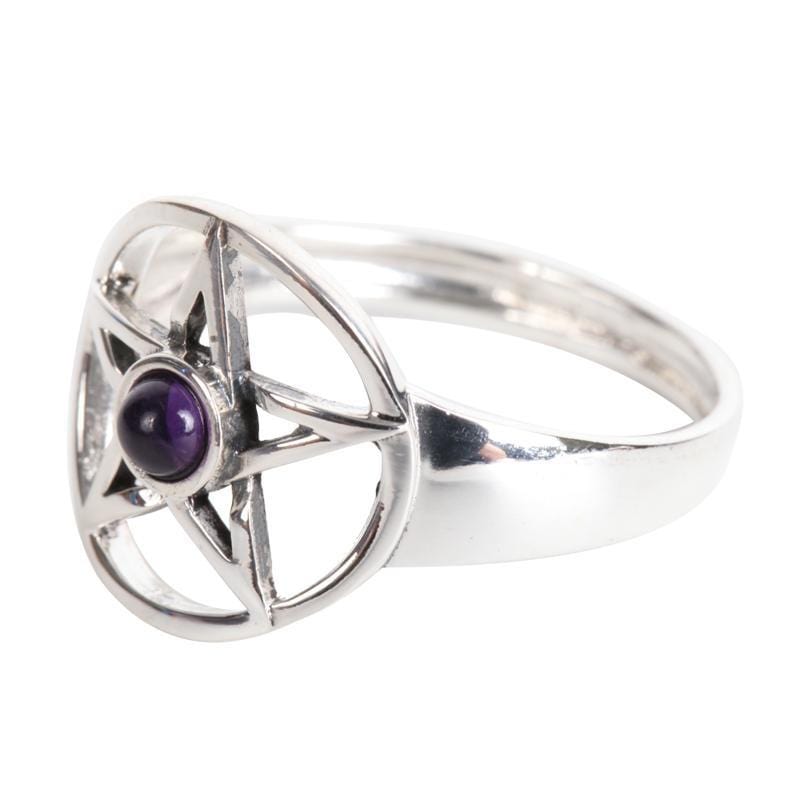 925 Pentagram With Amethyst Cabochon Ring