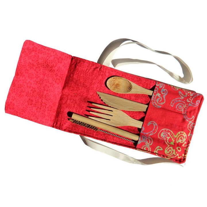 Bamboo cutlery set in cotton pouch