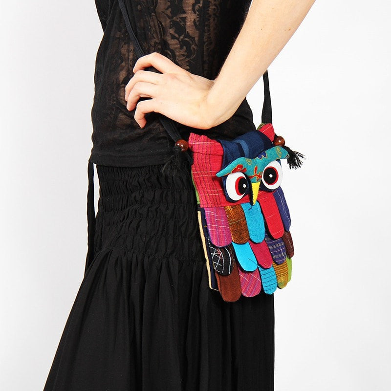 Small Cross Body Owl Bag, 3d layered patchwork design with black strap. Close up model view