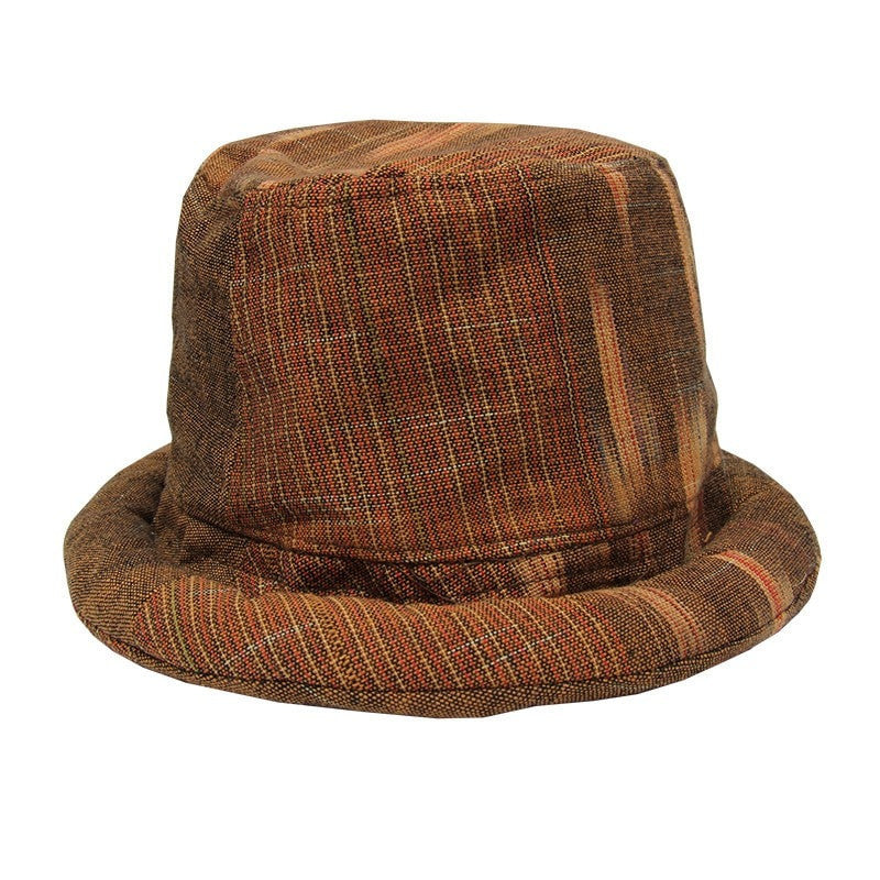 Rolled brim trilby style hat in one colour but patchwork two patterns, one striped, one brush strokes - Mustard Yellow