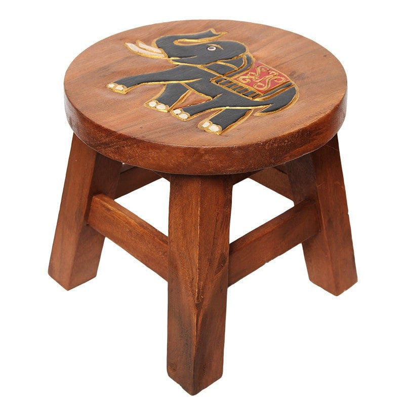 Handmade Wooden Elephant Footstool, four legs and hand carved and painted elephant on seat.
