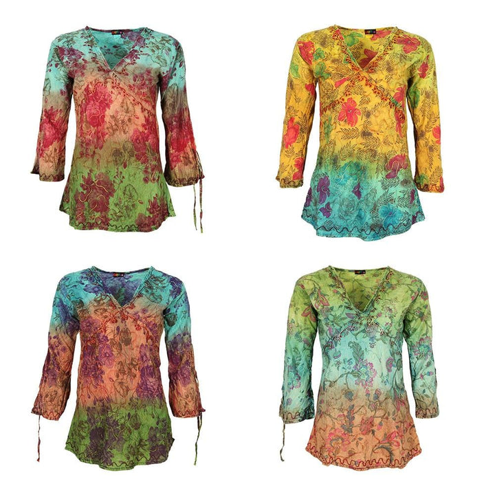 Embroidered V-Neck Dip Dye Top