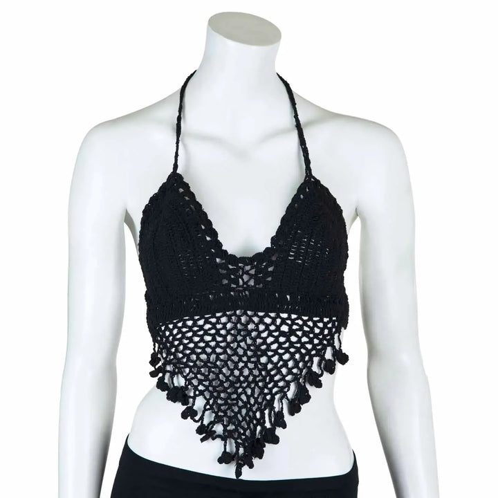 Crochet Halter Neck Bralette Tassel Top