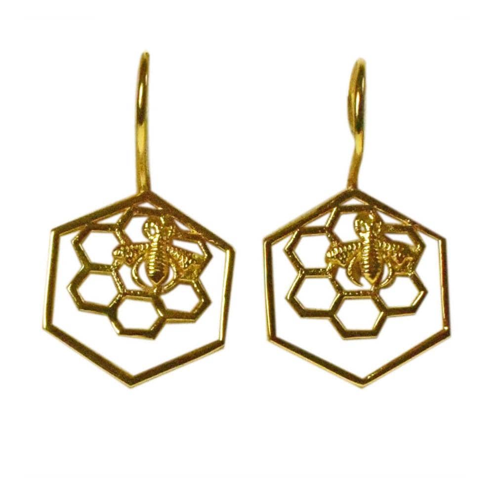 A pair of gold-tone dangle earrings featuring a hexagonal honeycomb frame with a small bee motif in the center, shown against a plain white background.