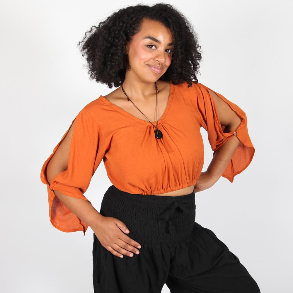 Crinkle Split Sleeve Cropped Top