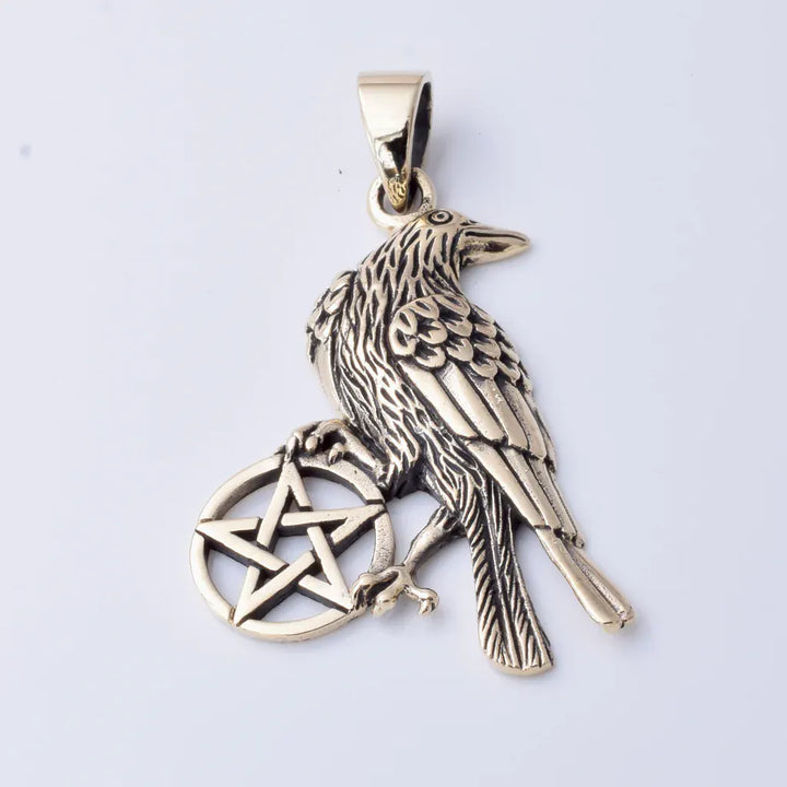 Solid Bronze Raven Pentagram Pendant