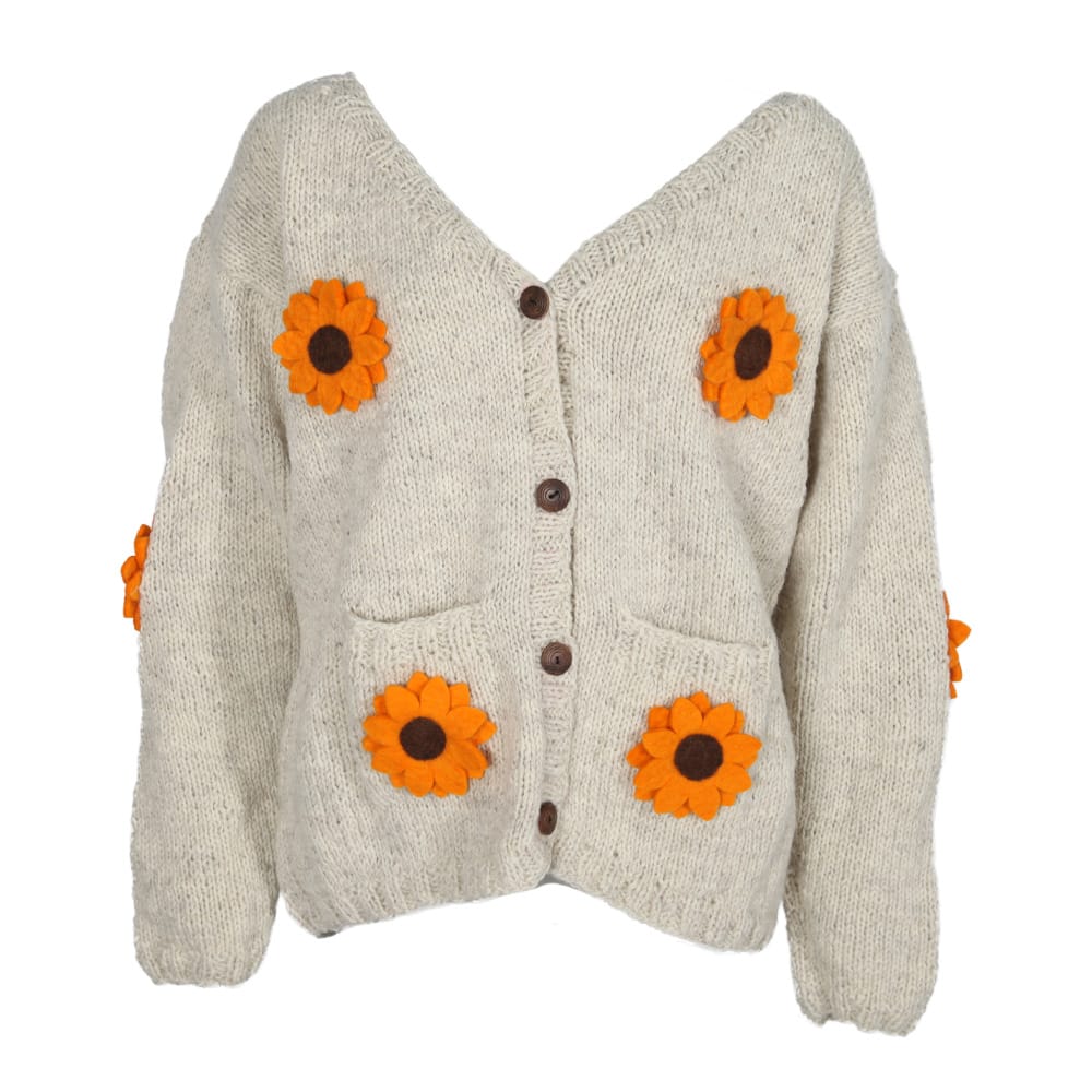 Woolen Cardigan With Felt Sunflowers