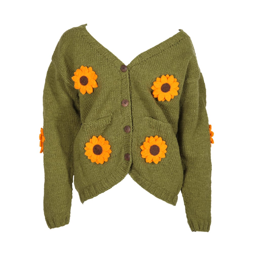 Woolen Cardigan With Felt Sunflowers