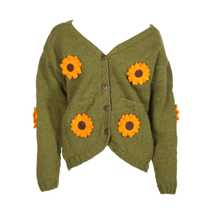 Woolen Cardigan With Felt Sunflowers