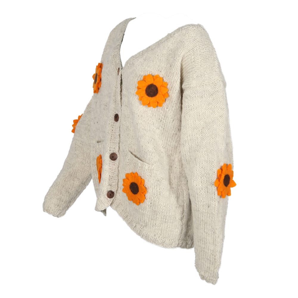 Woolen Cardigan With Felt Sunflowers
