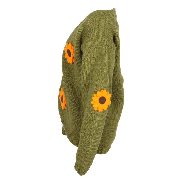 Woolen Cardigan With Felt Sunflowers