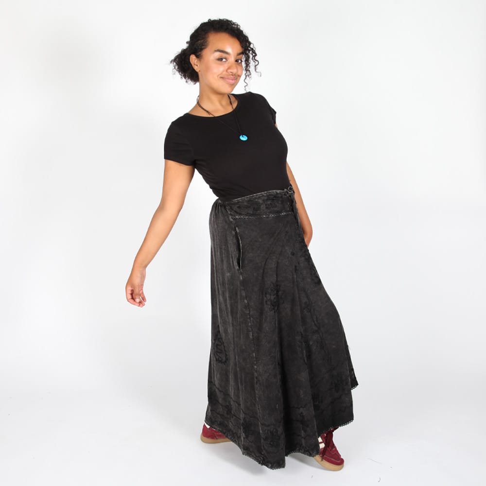 Long Cotton Acid Wash Skirt