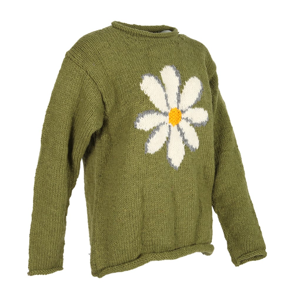 An olive green knit sweater featuring a large white daisy with a yellow center knitted onto the chest, shown against a plain white background.