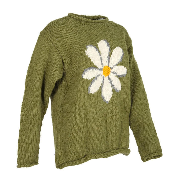 An olive green knit sweater featuring a large white daisy with a yellow center knitted onto the chest, shown against a plain white background.