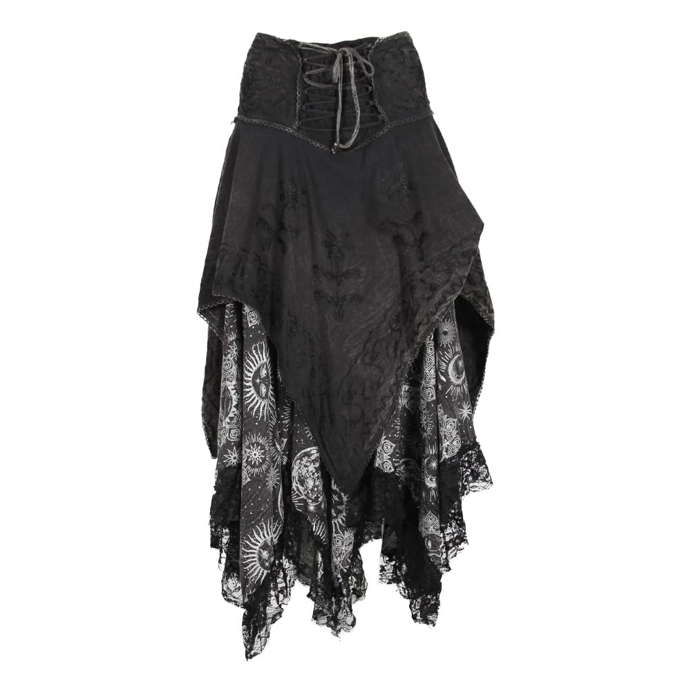 Black gothic-style asymmetrical skirt featuring a lace-up corset waistband, sheer black fabric, and layered ruffles with white skull and sunburst lace patterns, shown against a plain white background.