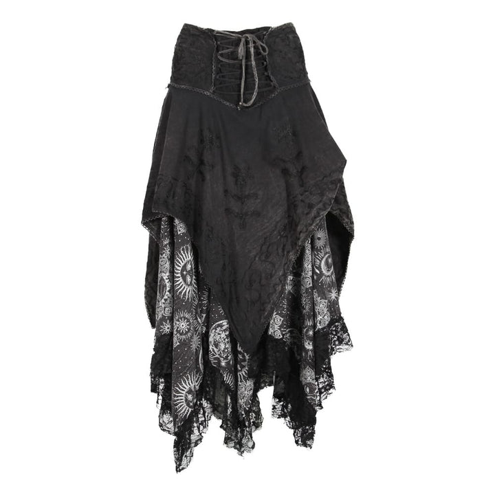 Black gothic-style asymmetrical skirt featuring a lace-up corset waistband, sheer black fabric, and layered ruffles with white skull and sunburst lace patterns, shown against a plain white background.