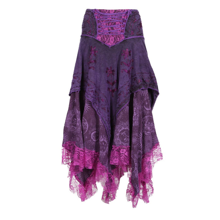 A purple and magenta bohemian-style skirt featuring a lace bodice, floral embroidery, and layered ruffled edges, shown against a plain white background.