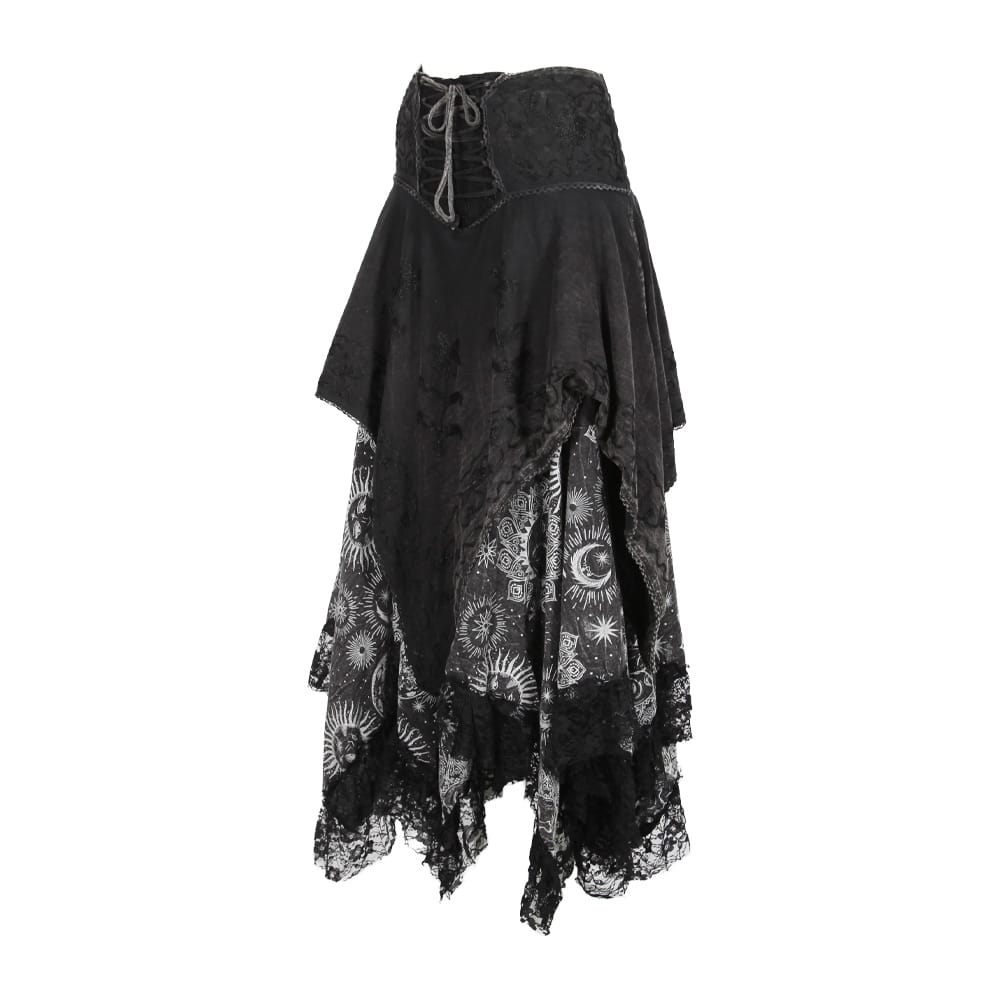 Black gothic midi skirt with a lace-up corset waistband, layered ruffles, and celestial moon and sun prints on a white background.