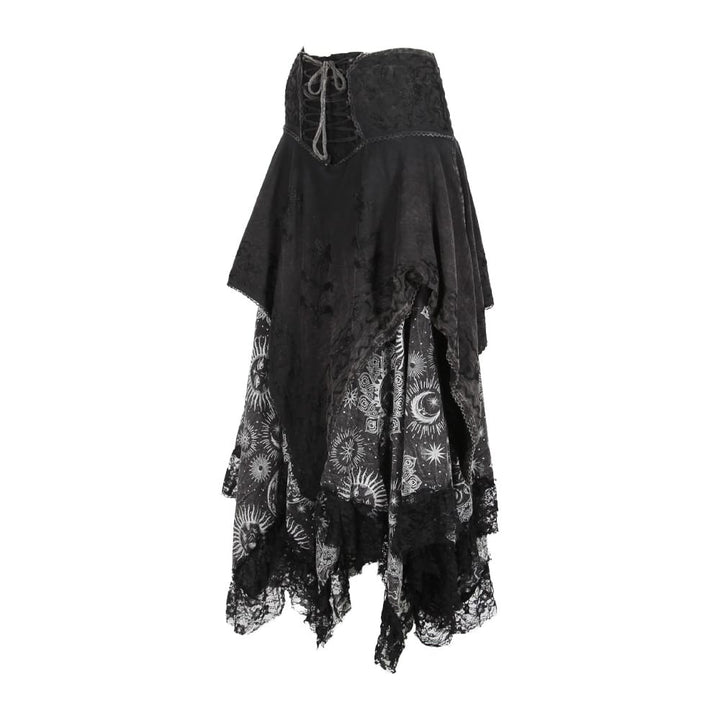 Black gothic midi skirt with a lace-up corset waistband, layered ruffles, and celestial moon and sun prints on a white background.