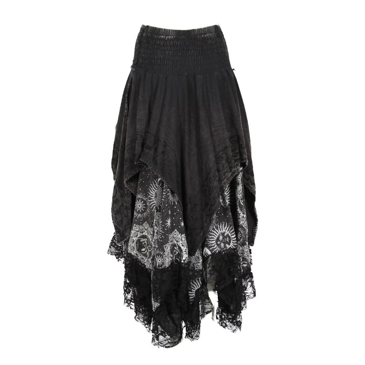 A black skirt featuring a smocked waistband, a layered ruffled overlay, and intricate black lace panels with sunburst patterns near the hem, shown against a plain white background.