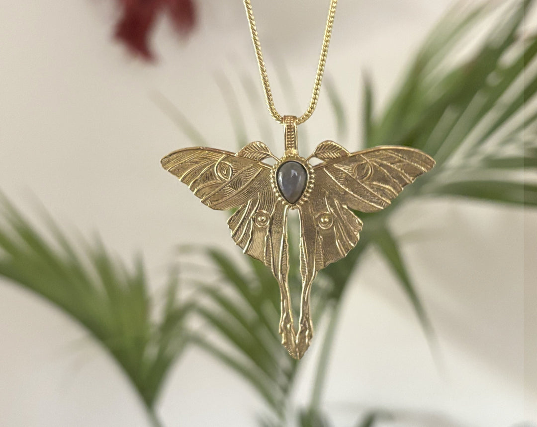Gold/Silver Luna Moth Necklace with Labradorite/Moonstone – Nature-Inspired Boho Statement Pendant.