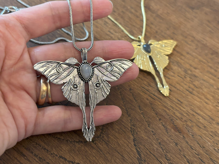 Gold/Silver Luna Moth Necklace with Labradorite/Moonstone – Nature-Inspired Boho Statement Pendant.