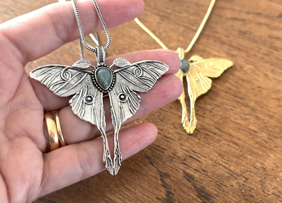 Gold/Silver Luna Moth Necklace with Labradorite/Moonstone – Nature-Inspired Boho Statement Pendant.