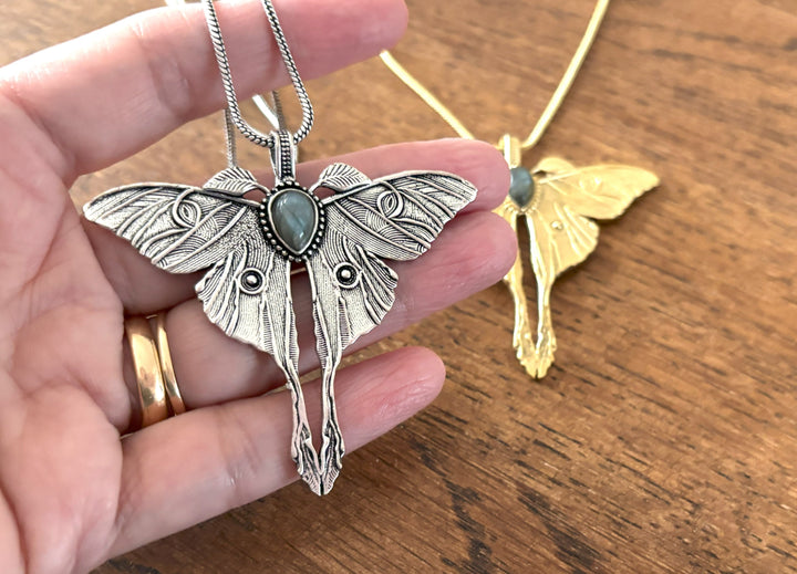 Gold/Silver Luna Moth Necklace with Labradorite/Moonstone – Nature-Inspired Boho Statement Pendant.