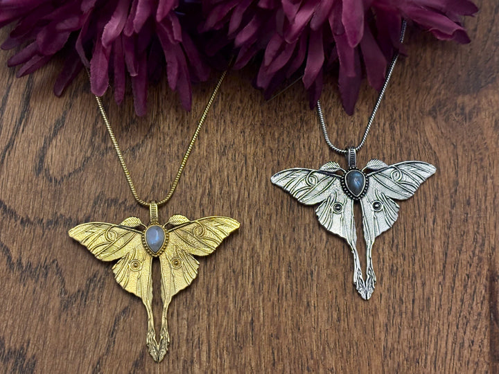 Gold/Silver Luna Moth Necklace with Labradorite/Moonstone – Nature-Inspired Boho Statement Pendant.