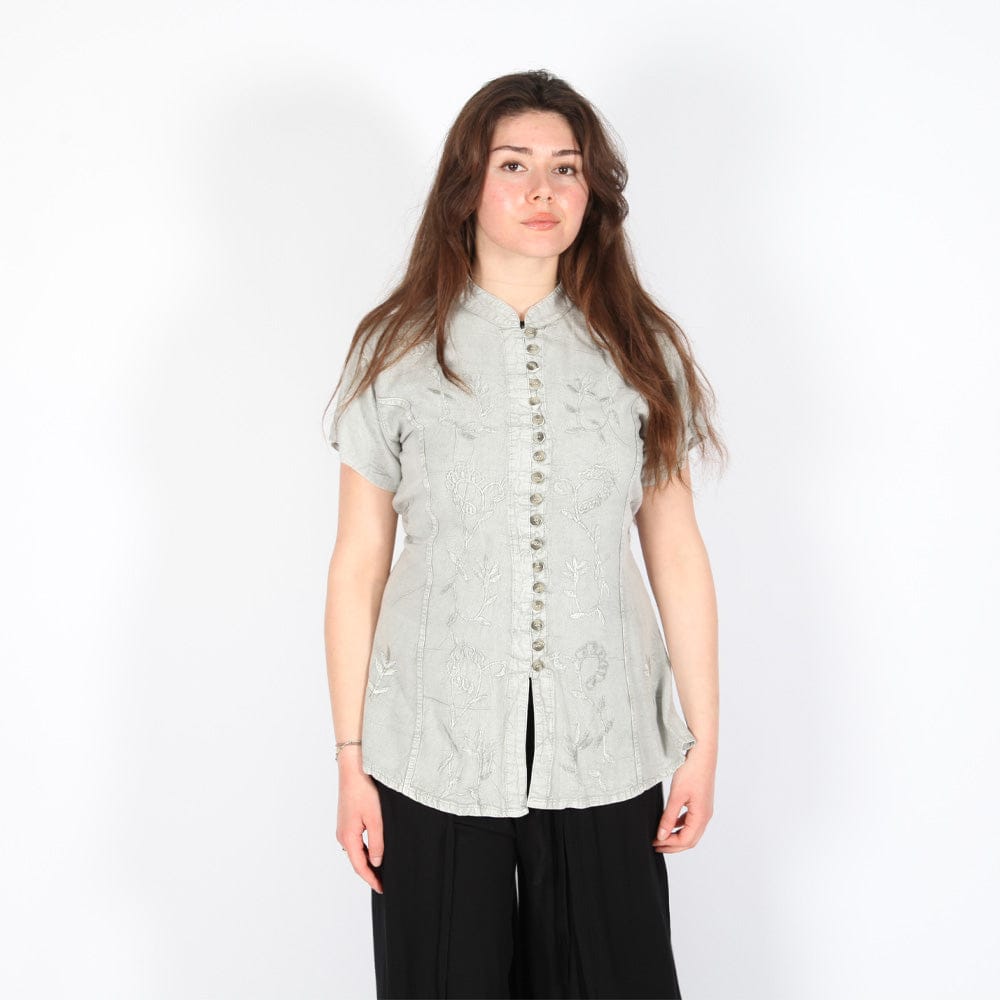 Embroidered Stonewashed Button Through Blouse