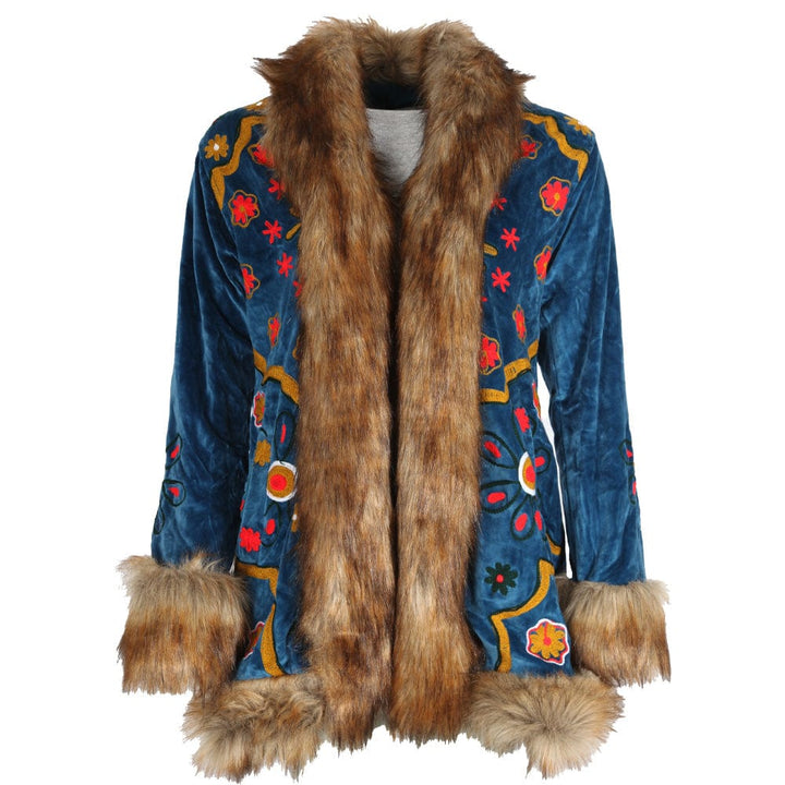Velvet Faux Fur Embroidered Coat