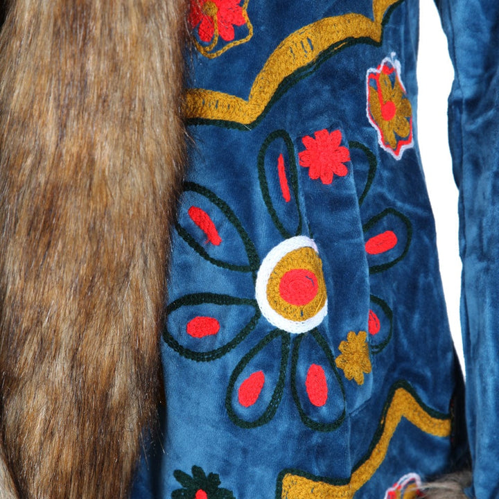 Velvet Faux Fur Embroidered Coat