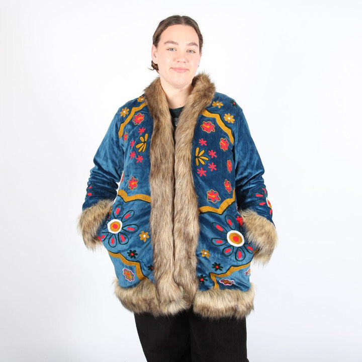 Velvet Faux Fur Embroidered Coat