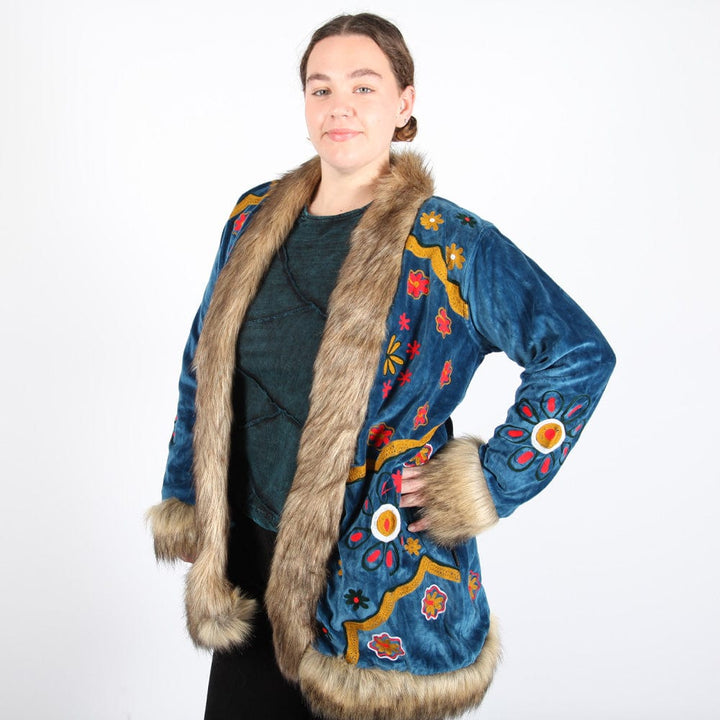 Velvet Faux Fur Embroidered Coat