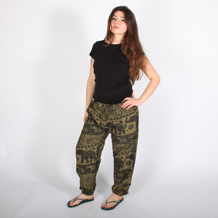 Autumnal Elephant Print Harem Trousers.
