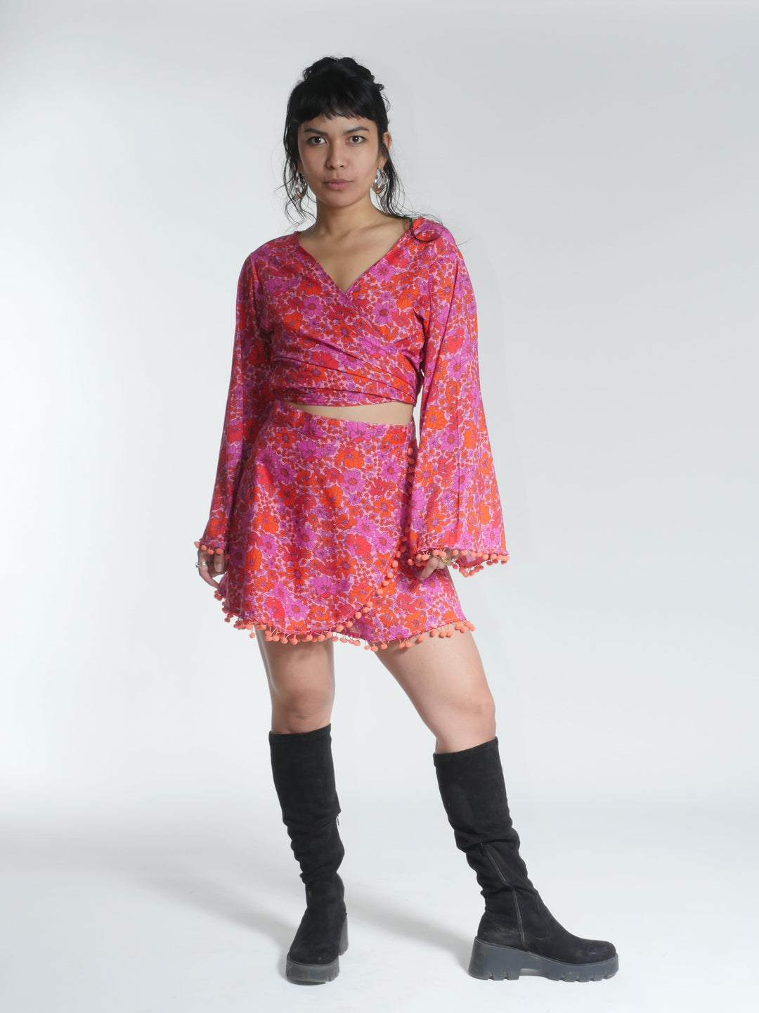 Flower Print Pom Pom Wrap Top