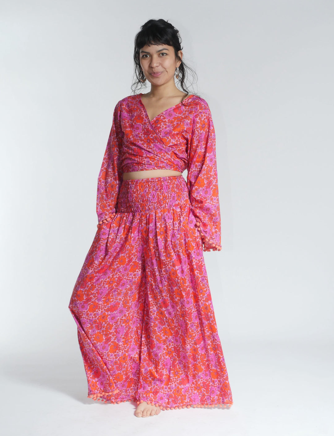 Pom Pom Hem Flower Print Trousers