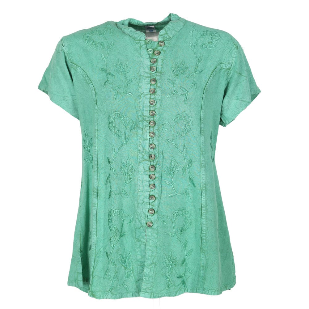 Embroidered Stonewashed Button Through Blouse