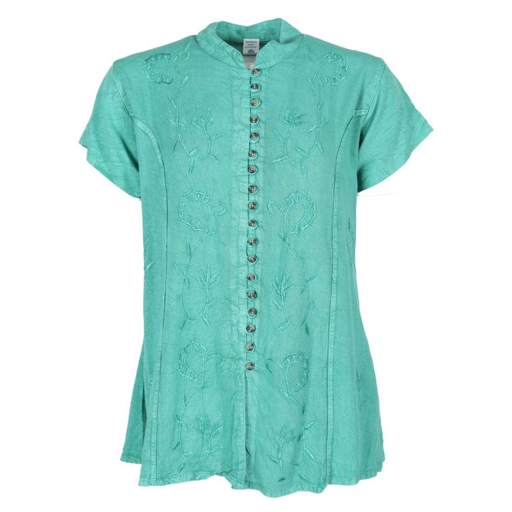 Embroidered Stonewashed Button Through Blouse