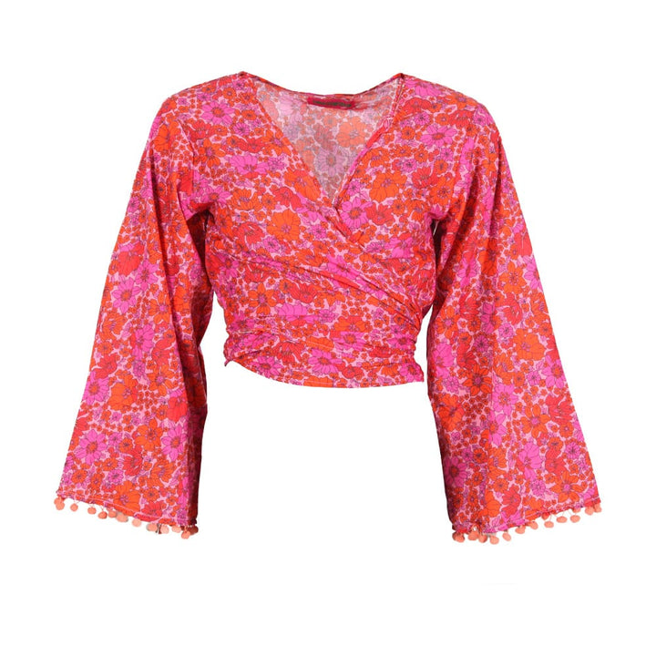 Flower Print Pom Pom Wrap Top