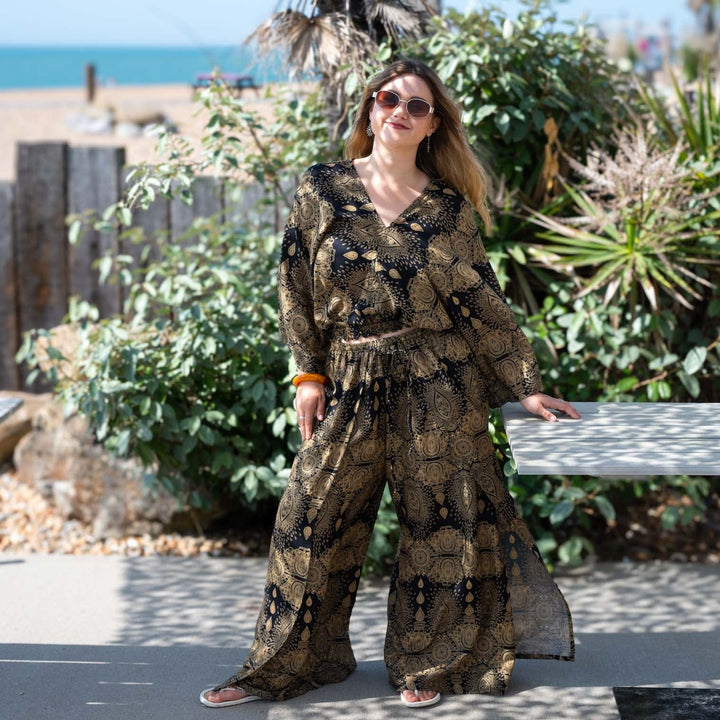 Faux Wrap Mandala Wide Leg Trousers