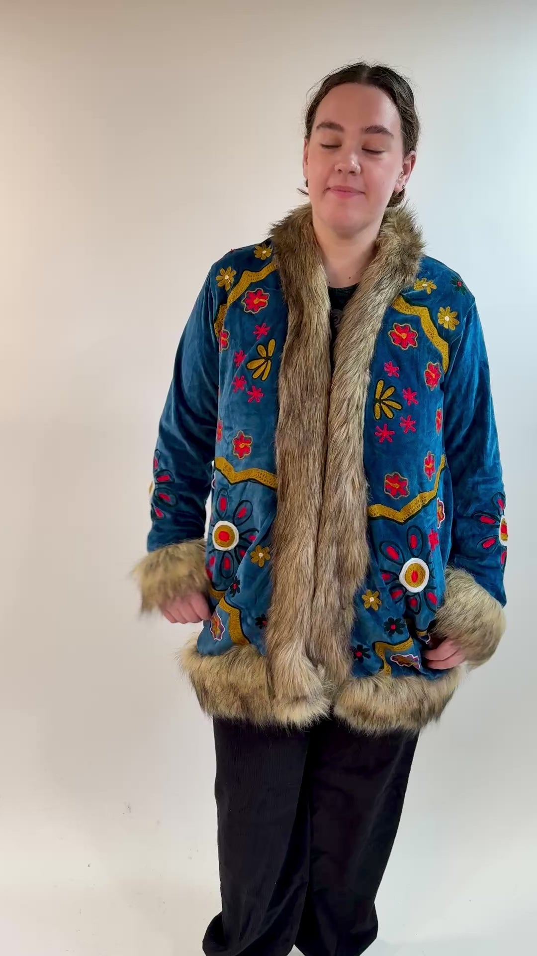 Velvet Faux Fur Embroidered Coat