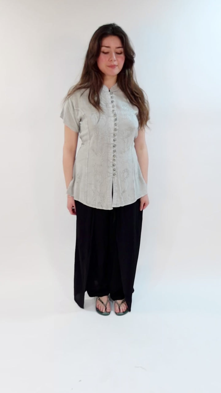 Embroidered Stonewashed Button Through Blouse