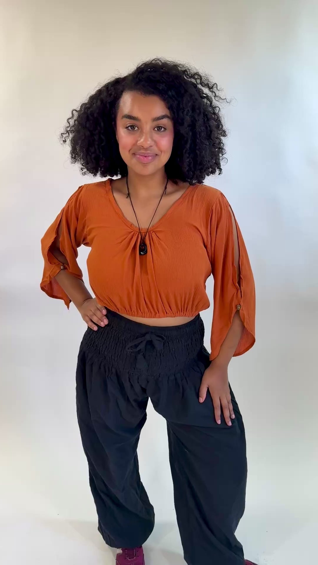 Crinkle Split Sleeve Cropped Top