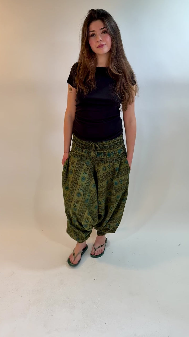 Autumnal Elephant Print Harem Trousers.