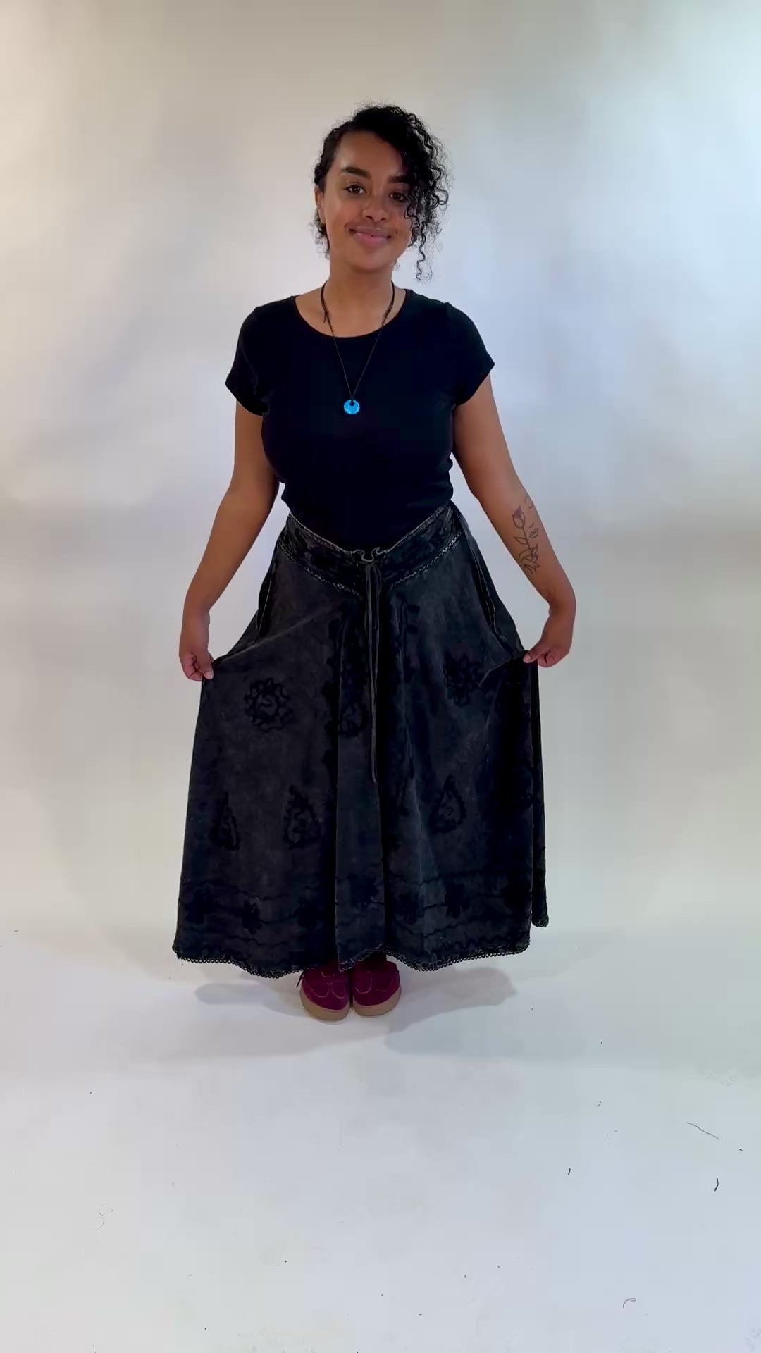 Long Cotton Acid Wash Skirt