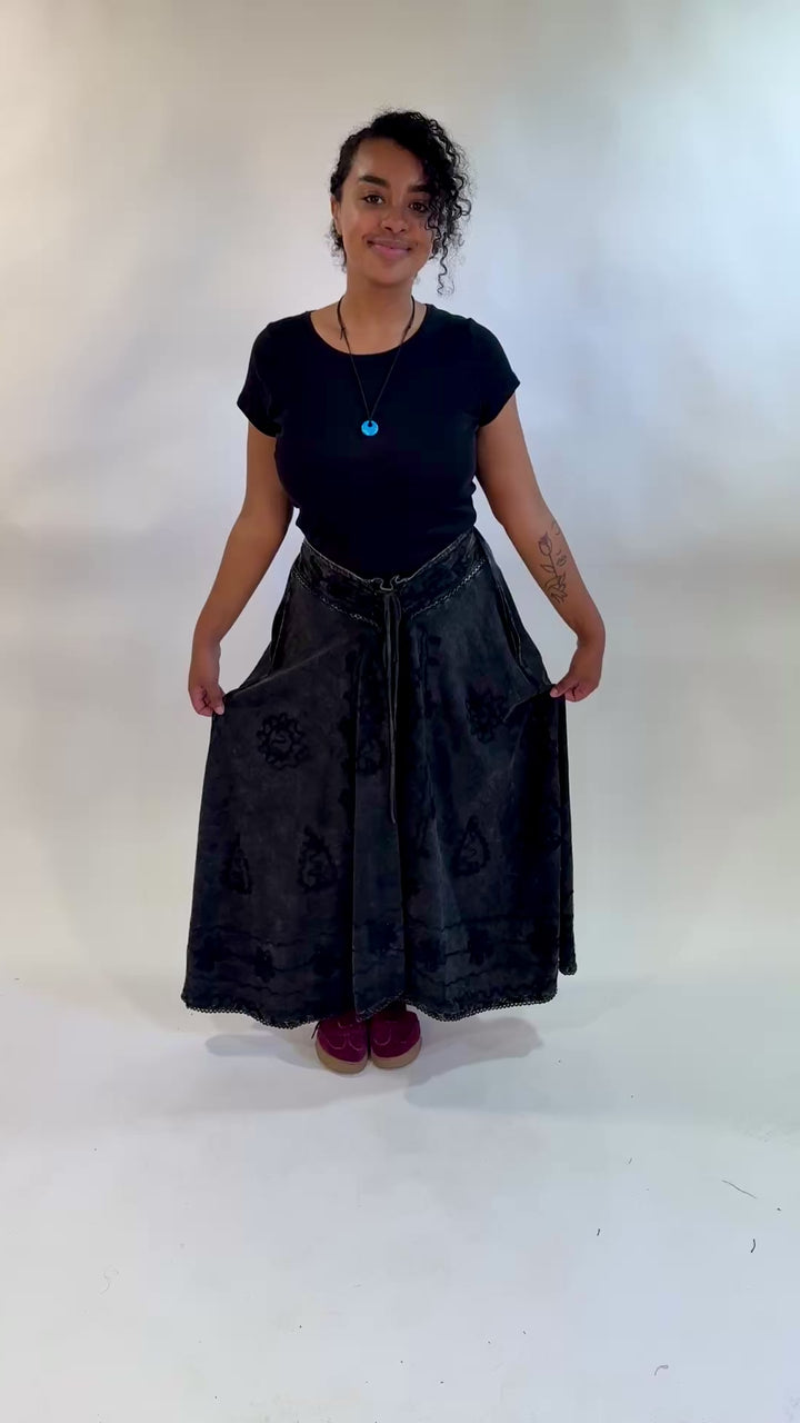 Long Cotton Acid Wash Skirt