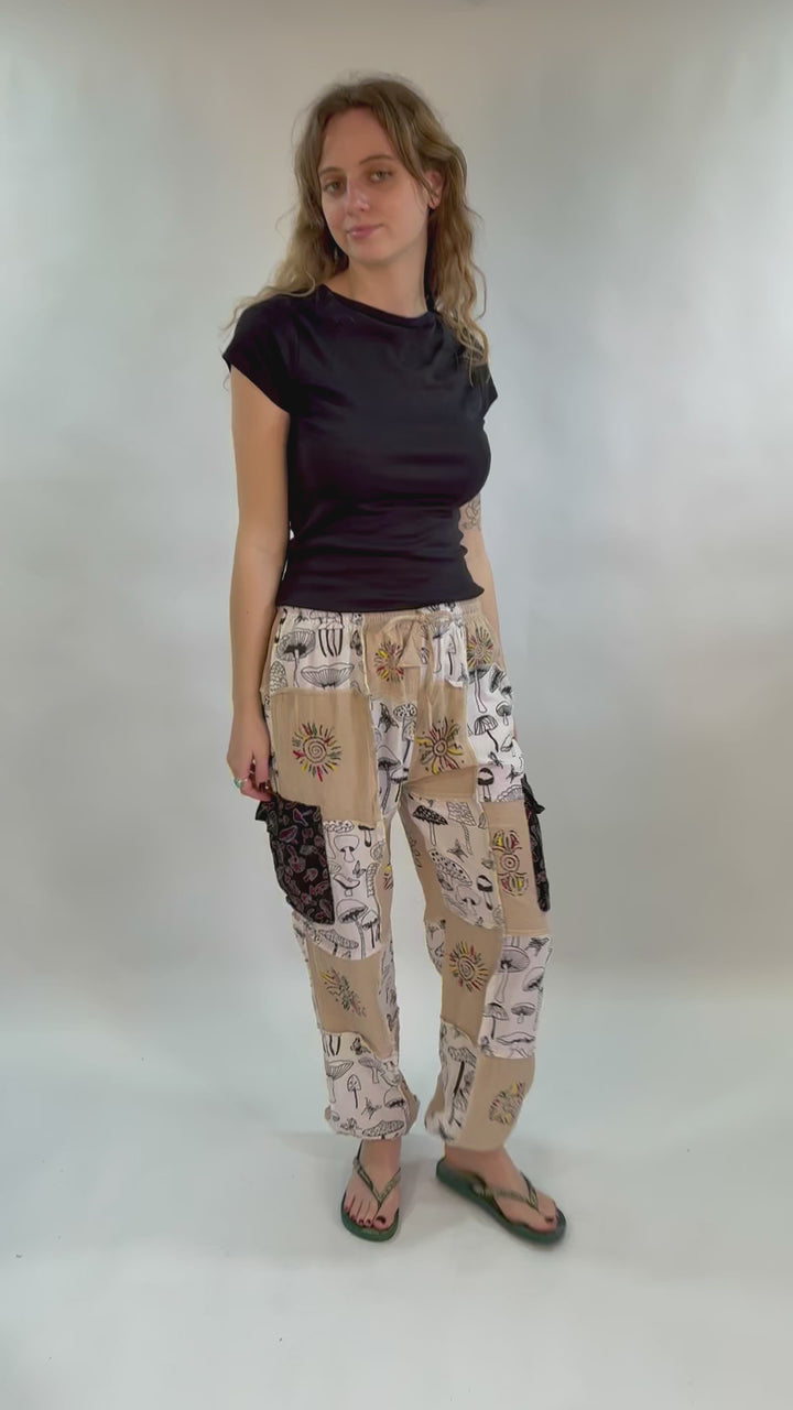 Patchwork Mushroom Cargo Jogger Pants