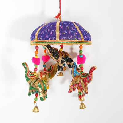 Decorative Hanging Umbrella With Elephants And Bells